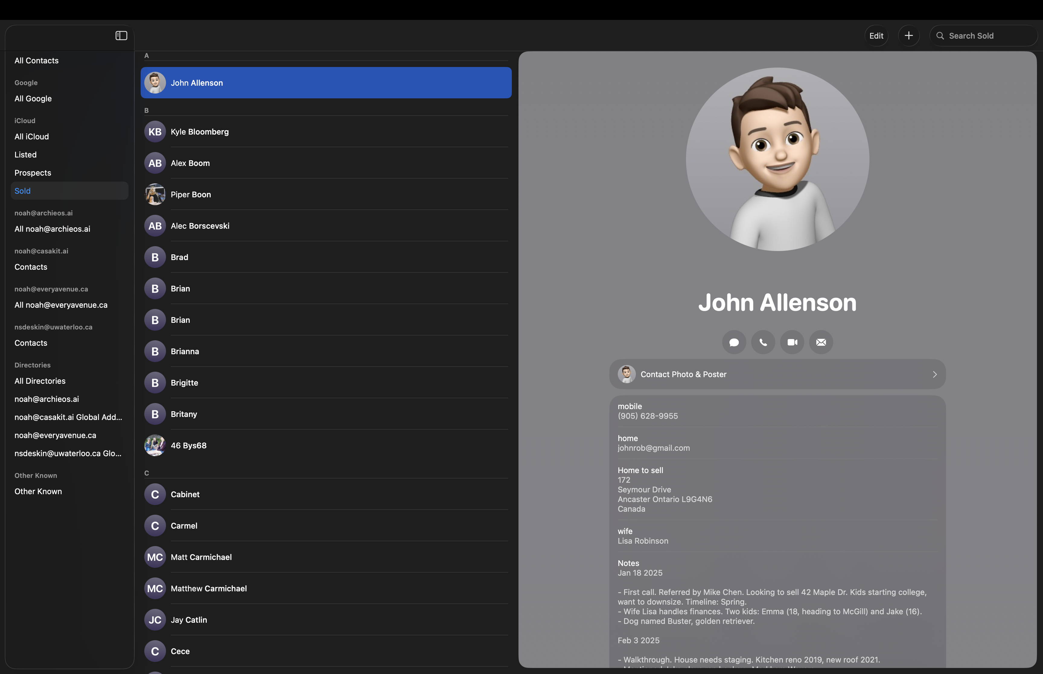 Archie Contacts interface showing contact details and CRM features